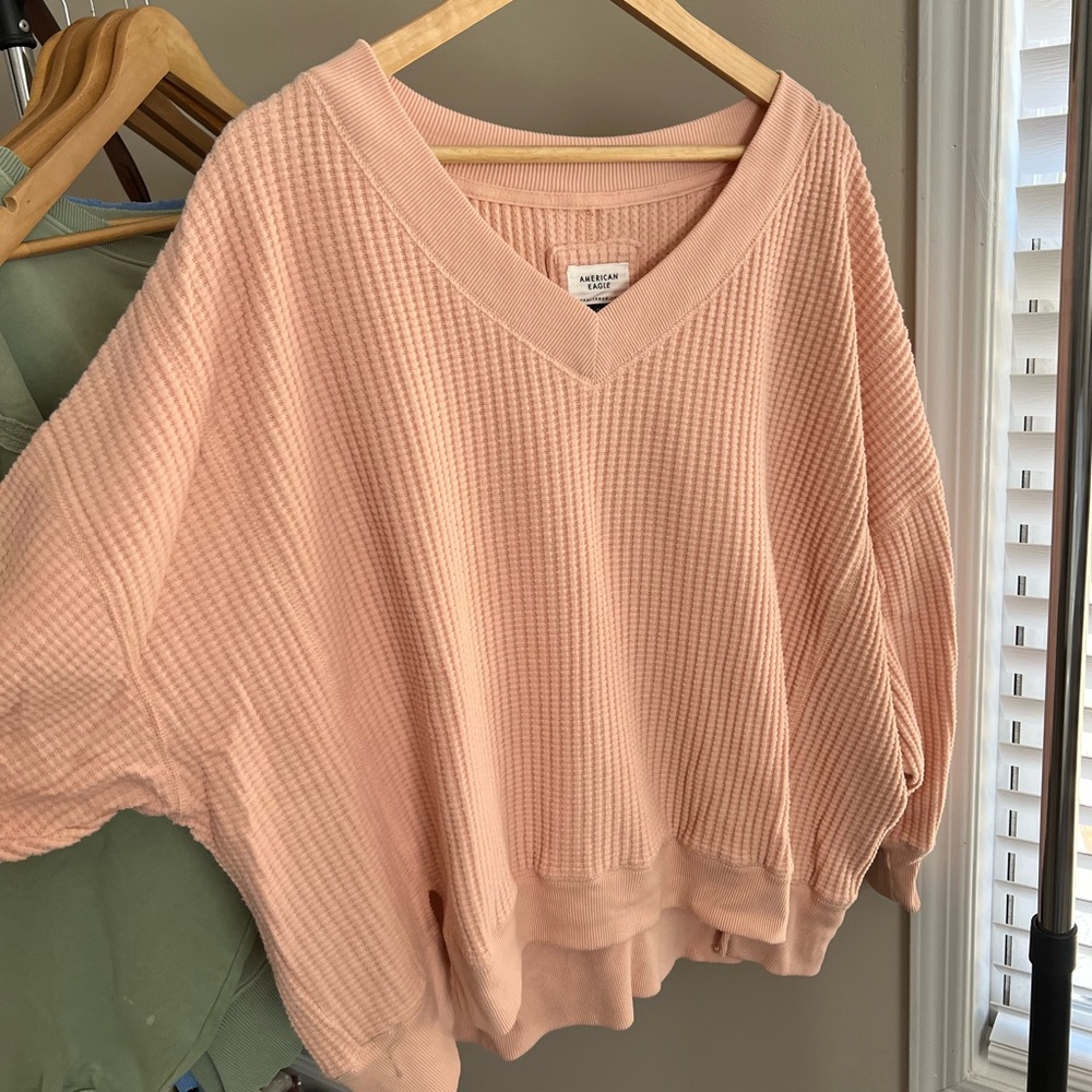 American Eagle Outfitters Pink V-Neck Waffle Knit Sweatshirt